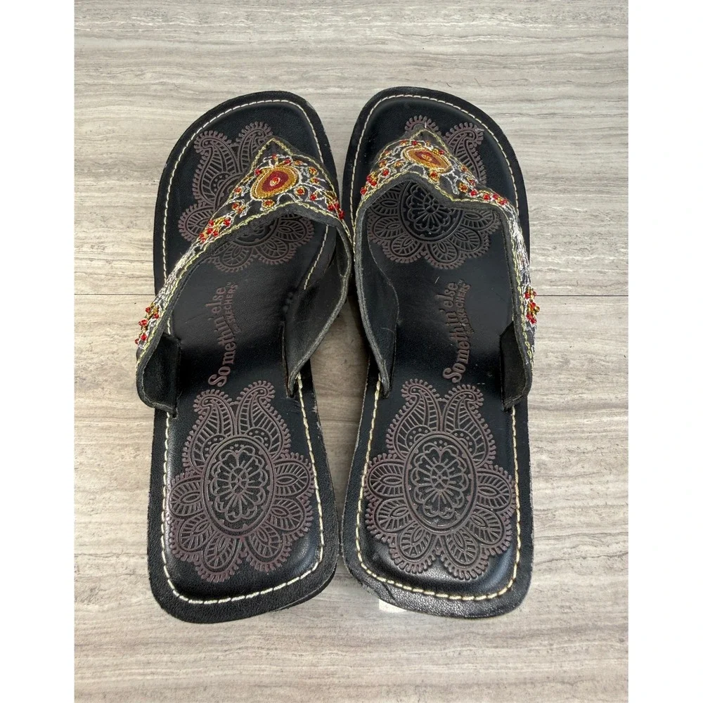 Skechers Somethin Else Vintage Y2K Boho Embroidered Leather Wedge Sandals 8.5